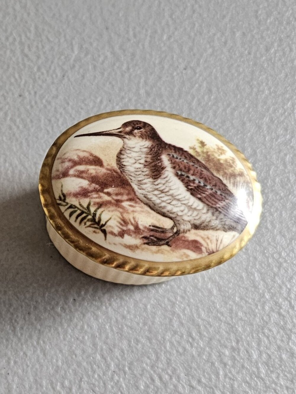 Aynsley Bone China Oval Bird Mini Trinket Box England Snipe Woodcock Brown Cream